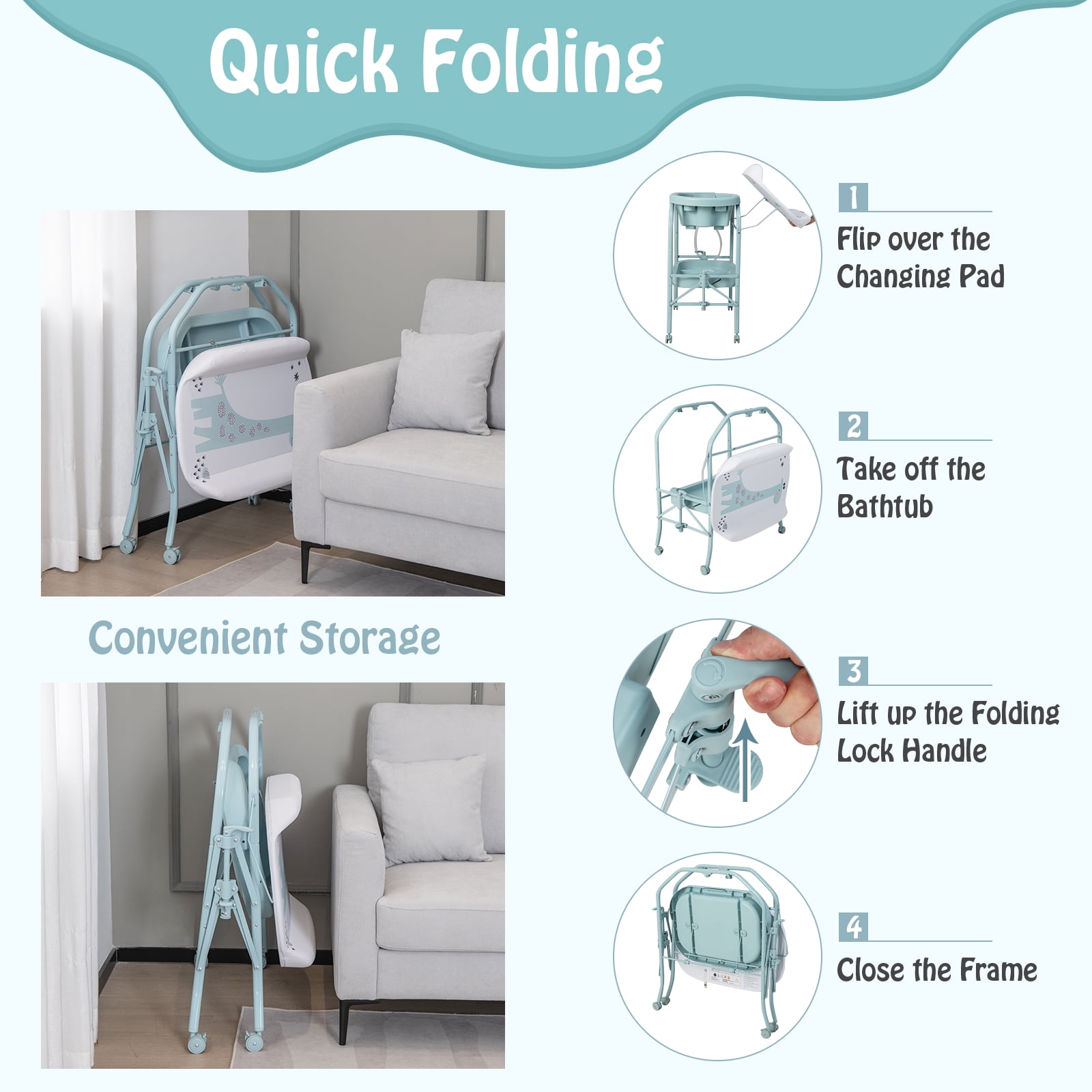 Infans Baby Changing Table w/Bathtub, Folding & Portable Diaper Station w/Wheels Blue