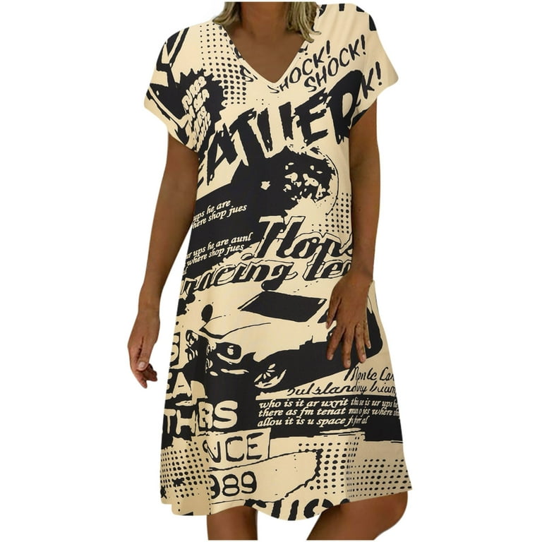 YWDJ Dress for Women Casual Fashion Casual Comfortable Printed Short Sleeve  V-Neck Knee Length Dress Spring Summer Dresses for Women 2023YellowS 