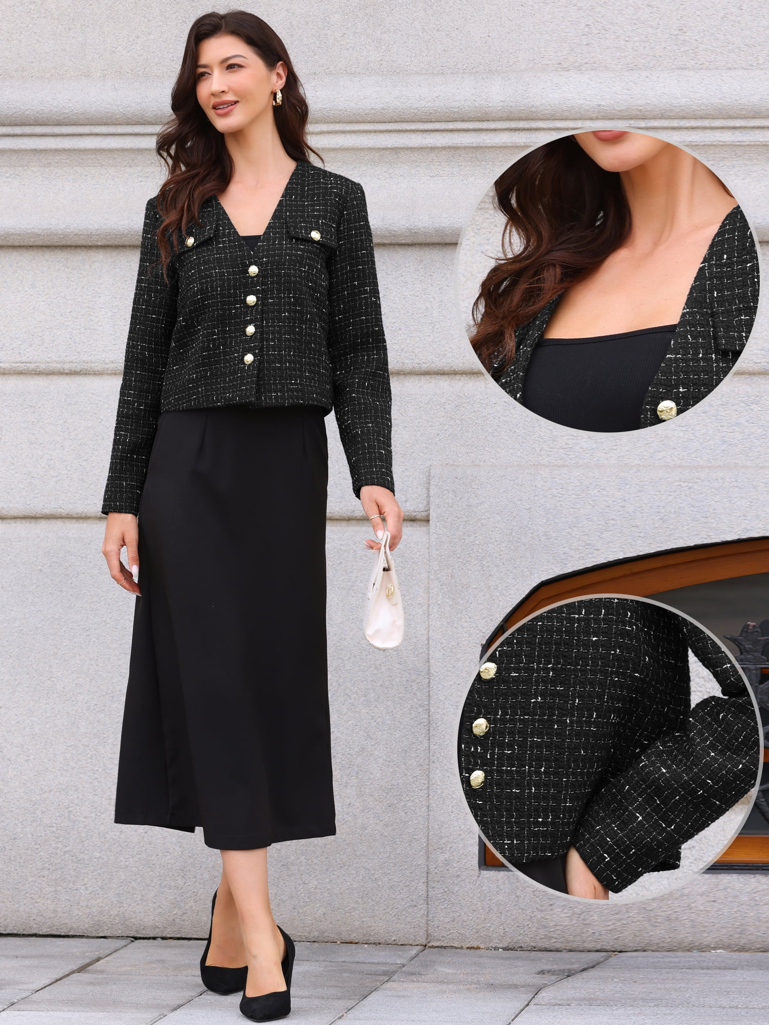 DARING DIVA Women's Tweed Long Sleeve Button Down Cropped Blazer S Black