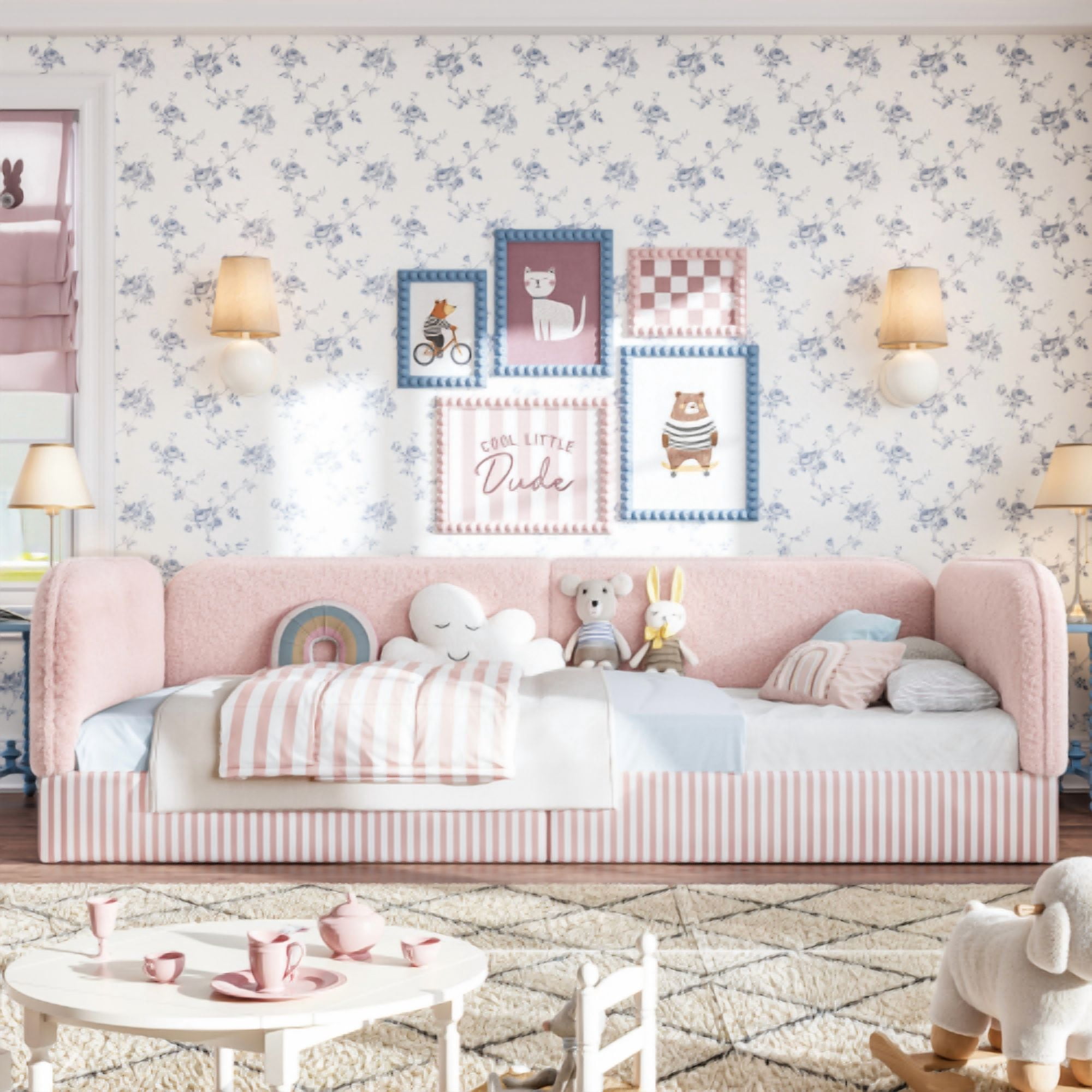 Twin Size Upholstered Teddy Fleece Floor Bed Frame, Half-Enclosed Montessori Low Profile Platform Bed with Full-Perimeter Guardrails for Kids, Pink