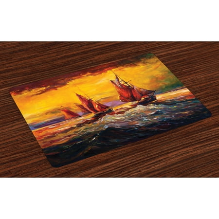 Country Placemats Set of 4 Image of Old Sailboats Ships Cruising in Waves at Sunrise Time Dark Sky Art, Washable Fabric Place Mats for Dining Room Kitchen Table Decor,Yellow Orange, by