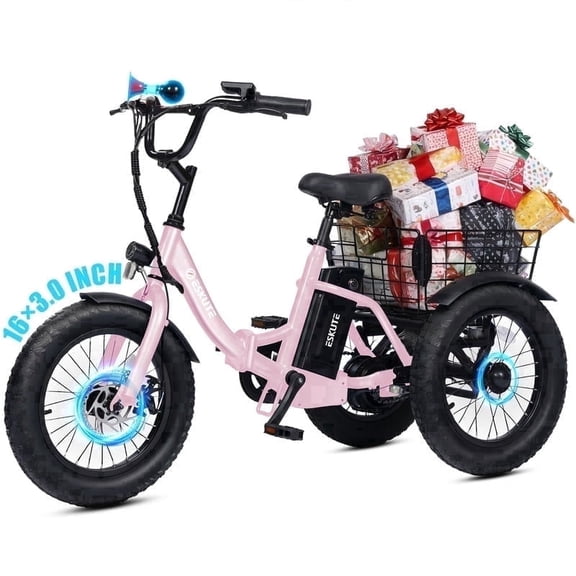 ESKUTE T300mini Electric Tricycle for Beginners, 16" x 3.0 Fat Tire Folding 3-Wheel E-Bike, 500W Peak Motor, 302Wh Battery, Step-Thru, 12.5 MPH, Pink, UL2849