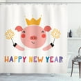 thumbnail image 1 of Pig Shower Curtain, Happy New Year Calligraphy with Animal in Crown Red Cheeks Happy and Festive Cartoon, Fabric Bathroom Set with Hooks, 69"W X 84"L Extra Long, Multicolor, by Ambesonne, 1 of 3