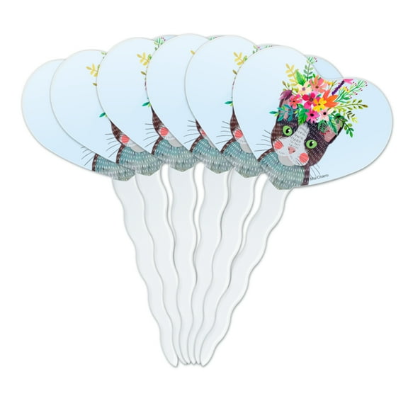 Intense Cat with Flower Hair Heart Love Cupcake Picks Toppers Decoration Set of 6