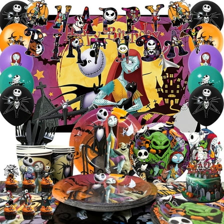 98 Pcs The Nightmare Before Christmas Birthday Party Decorations & Tableware - The Nightmare Before Christmas Plates Tablecloth Napkins & Balloons Banners Backdrop etc. for Christmas Party Supplies