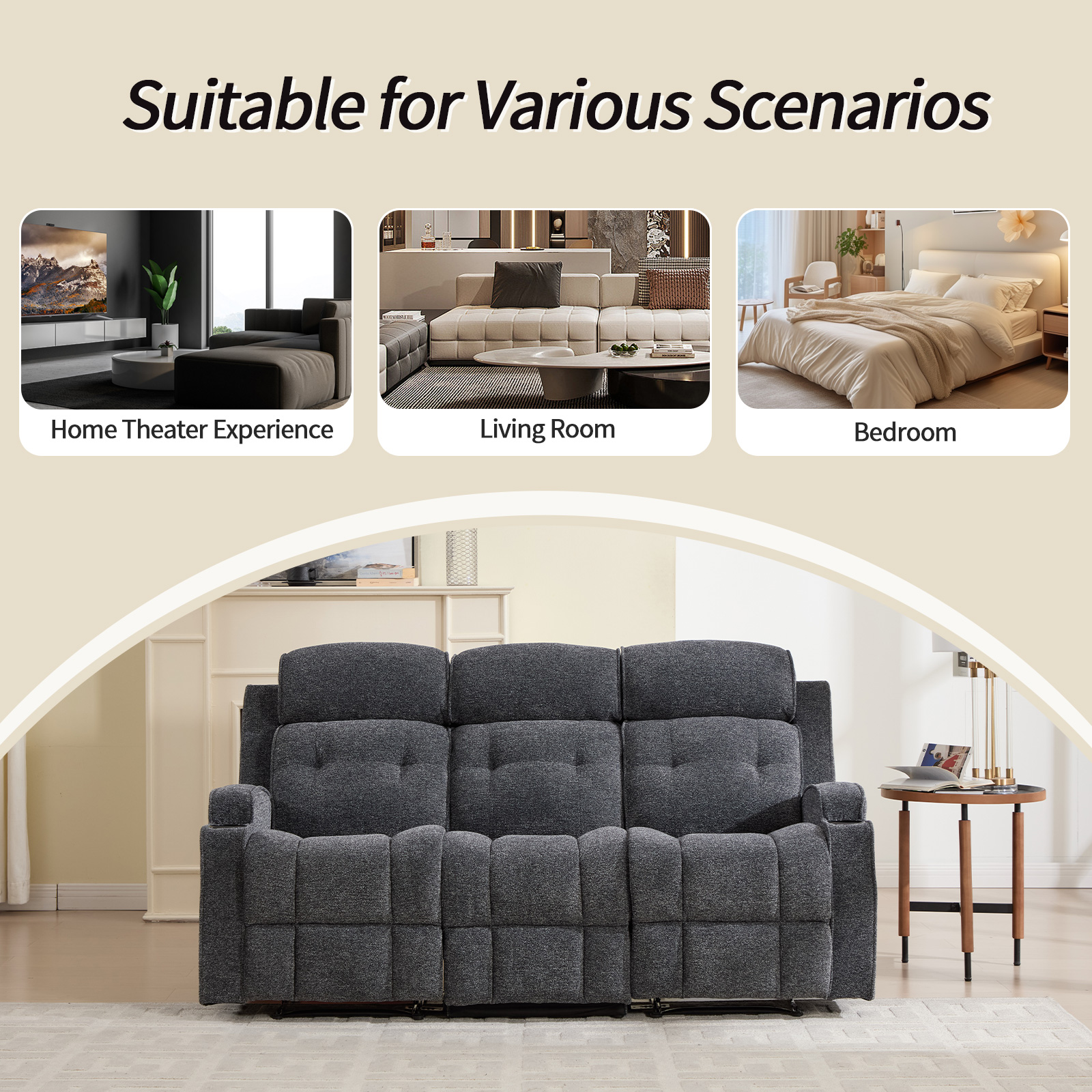 Bonzy Home 3-Seat Manual Reclining Sofa — Fabric Couch with Dual Manual Recliners for Living Room & Meeting Room