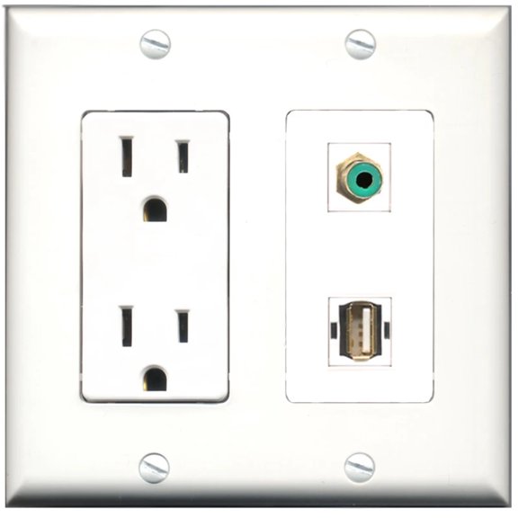 Ultra Spec Cables 15 Amp Power Outlet 1 Port RCA Green 1 Port USB A-A Wall Plate