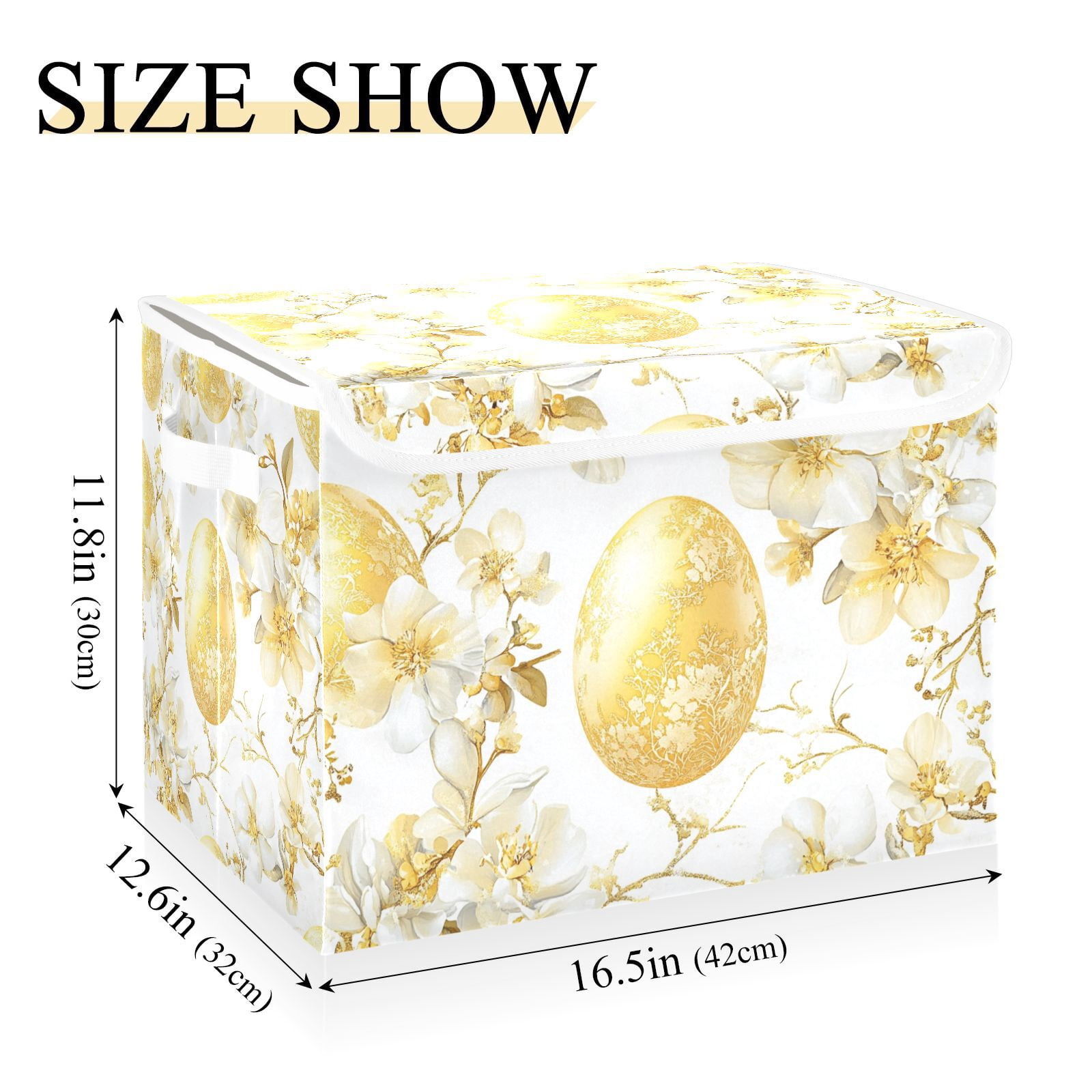 Gold Easter Eggs Flowers Storage Basket for Shelves Foldable Container Organizer for Organizing Toys Clothes Books with Handles