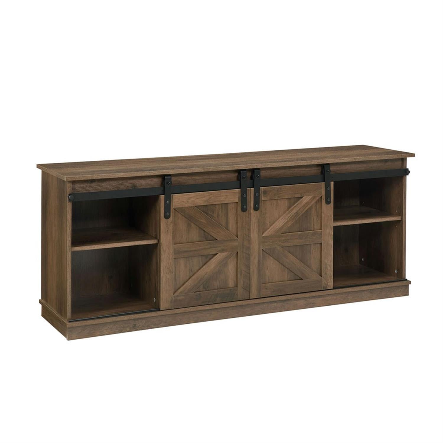Demi Bonn Modern Fireplace TV Stand for Television up to 65" with Storage and Farmhouse Sliding Barn Doors, Entertainment Center with Cabinet and Shelves, Brown