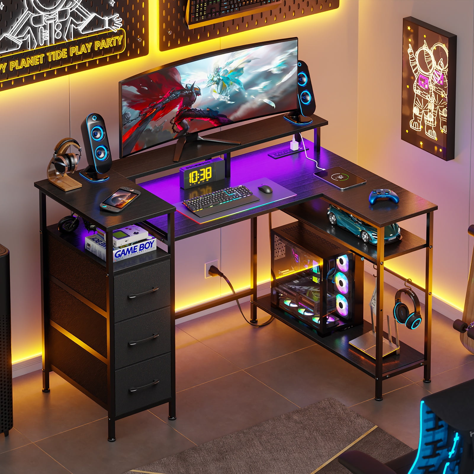 Satifur 47" Computer Desk with LED Lights & Power Outlets, L-Shaped Desk with 3 Fabric Drawers & Open Shelves, Reversible Home Office Desk,Black