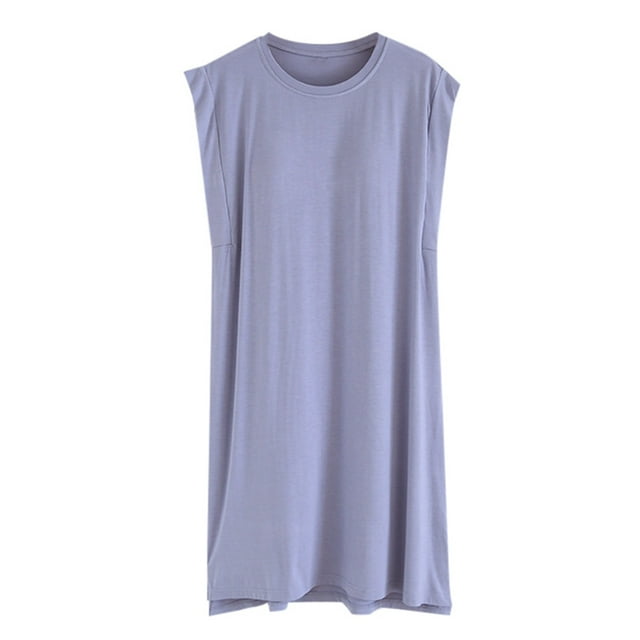 AWZXDE Robe de Nuit Sans Manches Confortable avec Soutien-Gorge Intégré Couleur Unie Mi-Longue pour Toute la Journée Bleu,TG