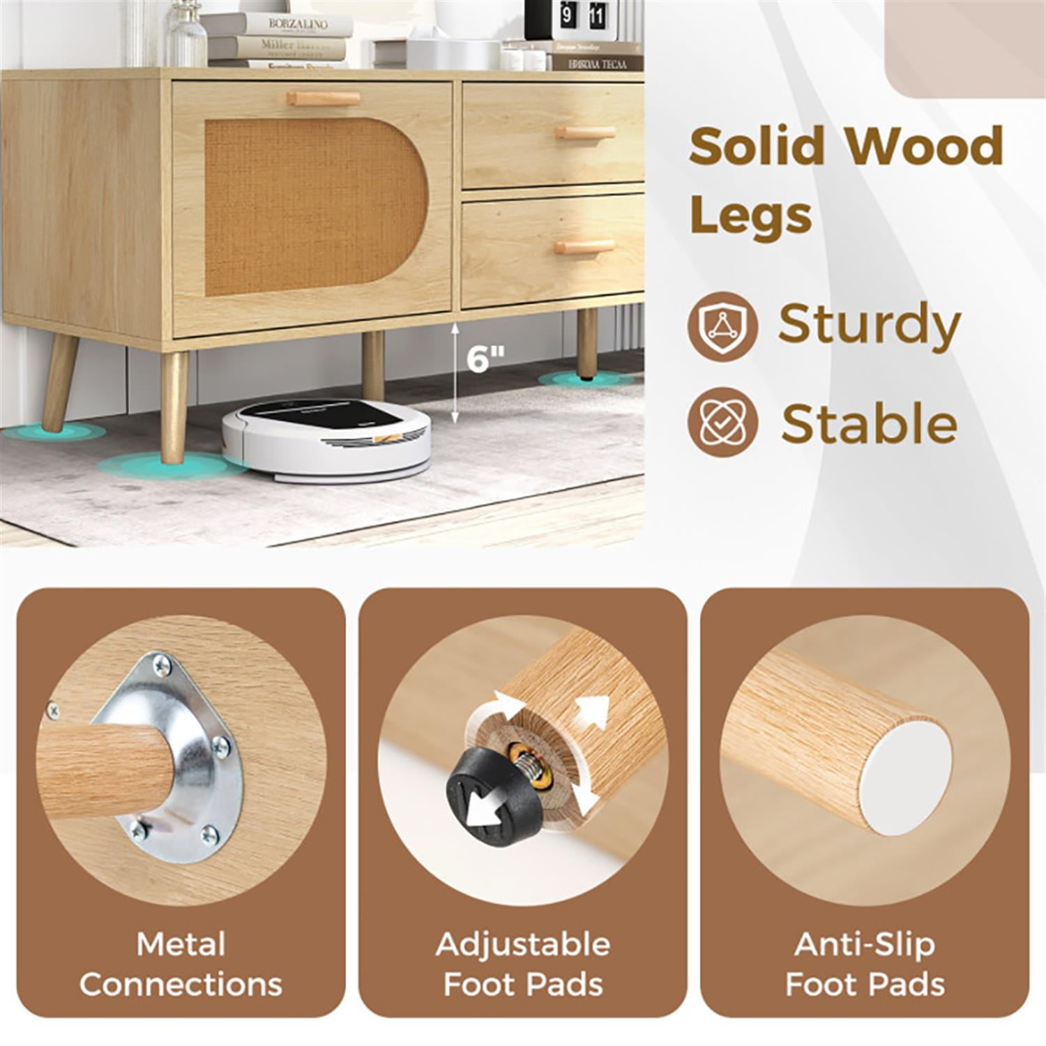 Demi Bonn Rattan TV Stand for 65" TVs, Entertainment Center with Drawers and Solid Wood Legs, Modern Media TV Console Table for Living Room Bedroom, Beige