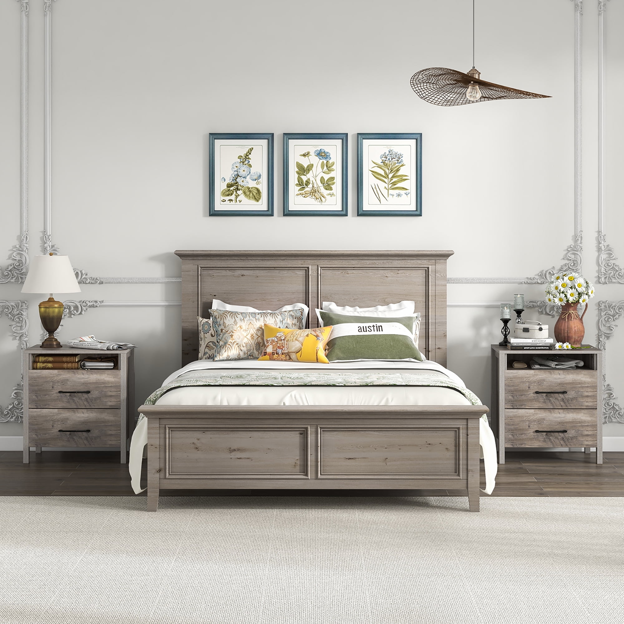 Gymax Nightstand w/ 2 Drawers Farmhouse Bed Side Table w/ Open Storage Shelf