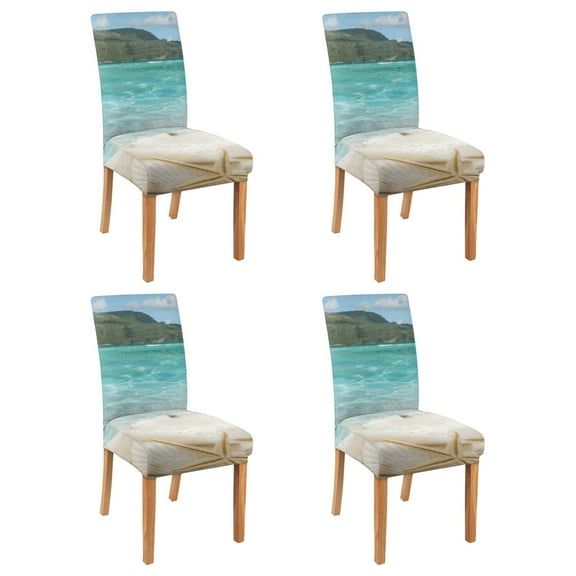 Seashells and Sand Inspired Dining Chair Covers Set of 4, Stretch Washable Polyester Kitchen Slipcovers, Removable Seat Protector for Coastal or Vintage Decor
