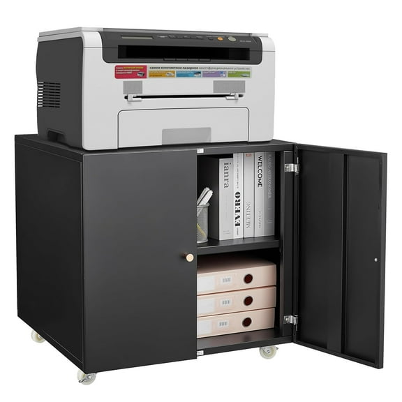 Roromall Metal Printer Stand with File Storage Cabinet, Printer Cabinet File Cabinet on Wheels with Door and Adjustable Shelf, Printer Table Stand for Home Office