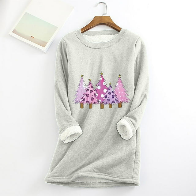 Meihcang Chandails en Molleton en Polaire pour Femmes Grande Taille Graphique Arbre de Noël Col Rond Chandail Chaud d'Hiver Doublé Sherpa