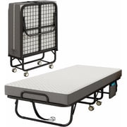 Twin Folding Bed with Mattress, 75 x 38 Portable Rollaway Bed for Adults, Metal Frame Foldable Guest Bed with Memory Foam Mattress, Daybed or Extra Sleeping Space with Side Storage Pocket