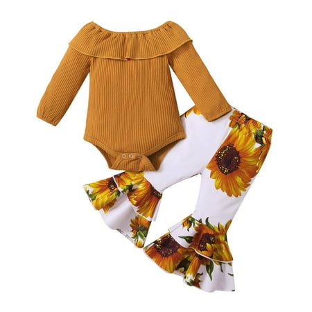 

Kids Outfits Infant Girls Long Sleeve Ribbed Romper Bodysuit Sunflower Printed Bell Bottoms Pants Suit Set