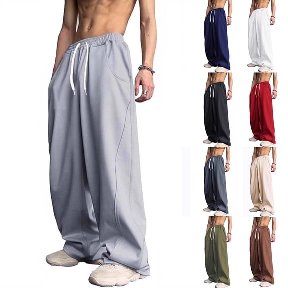 Evdexr Baggy Sweatpants Mens Wide Leg Drawstring Pants with Pockets Winter Fall Hiking Lounge Trousers Loose Fit Open Bottom Elastic Waist Sweat Pants 2XL