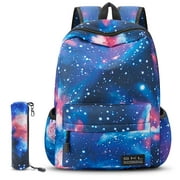 SKL Galaxy Backpack Student Stylish Unisex Canvas Laptop Book Bag Rucksack Daypack,School Backpack for Teens Boys Girls (Blue with Pencil Bag)