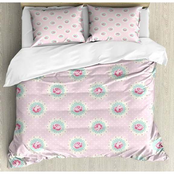 Shabby Flora Duvet Cover Set, Retro Style Polka Dotted Backdrop and Floral Motifs Roses Cottage, Decorative 3 Piece Bedding Set with 2 Pillow Shams, Queen Size, Pale Pink Seafoam White, by Ambesonne