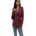 thumbnail image 3 of Women's Ruched V-Neck Wrap Sweater, Criss Cross Long Sleeve Knit Pullover Top with Button for Fall Wine S, 3 of 5