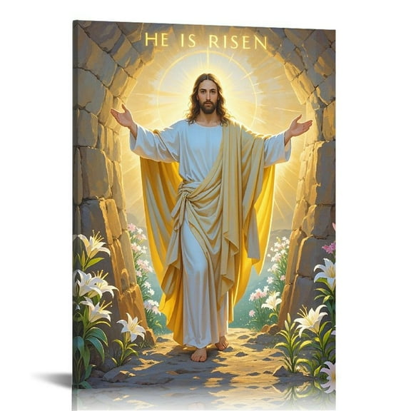 Christian Wall Art Jesus Leaves the Tomb Canvas Painting Resurrected Savior Leaves the Tomb Posters Prints He Is Risen Pictures for Church Home Bedroom living room Home Wall Decor Framed