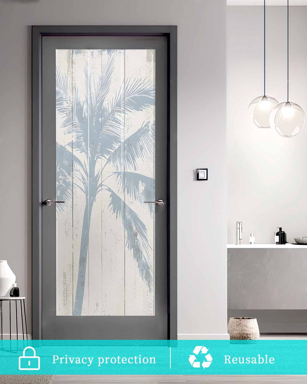 Window Privacy Film Summer Palm Tree Stained Glass Window Film Decorative Sun Block Window Cover Farmhouse Botanical Tropical Plants Window Clings Static Adhesive Sticker for Bathroom 29.5"x78.7"