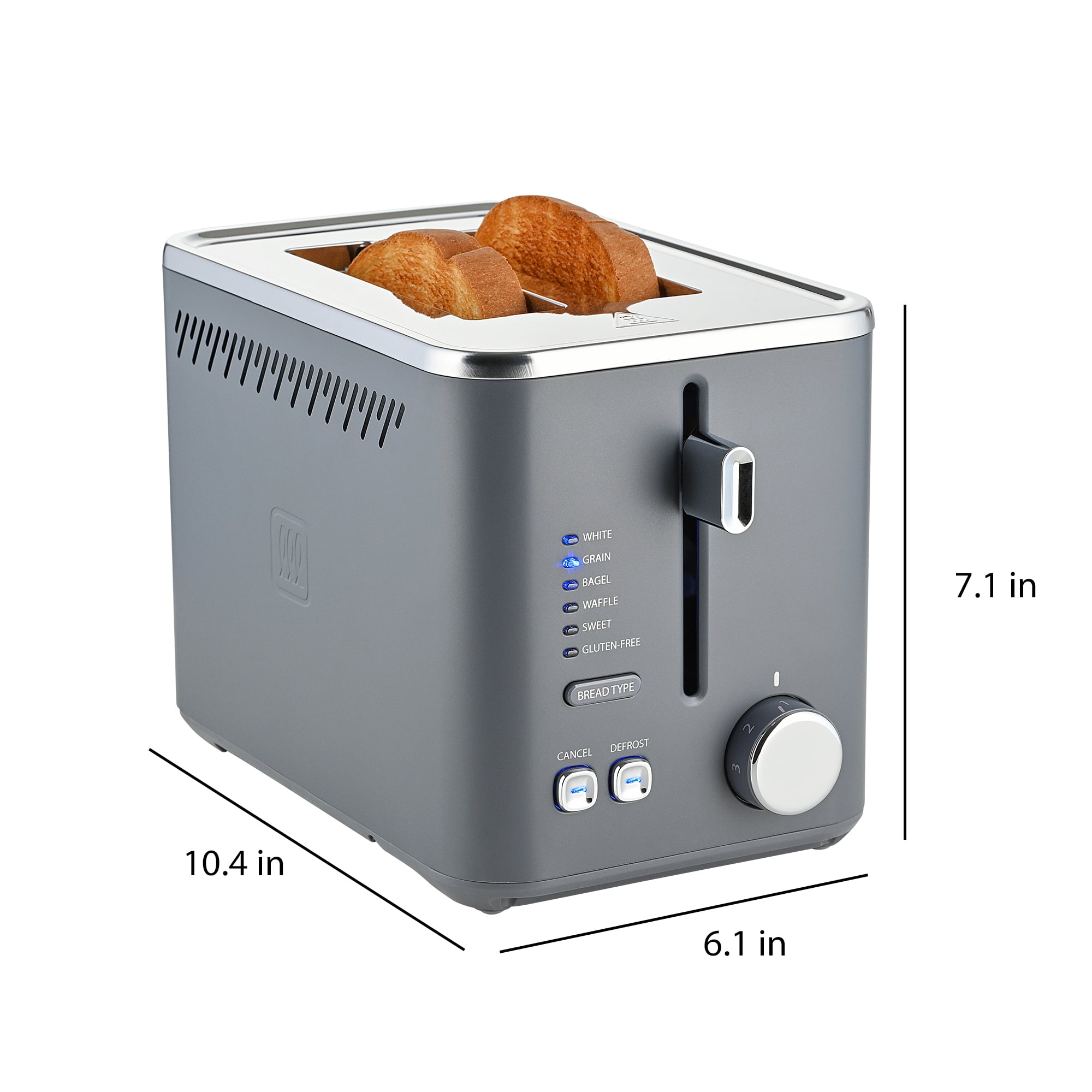 Toastmaster 2-Slice Multi-Function Toaster - Blue Gray with Lever and Dial Controls, Extra Wide Slots, High Rise Toast Lift and Gluten Free Setting, 900W