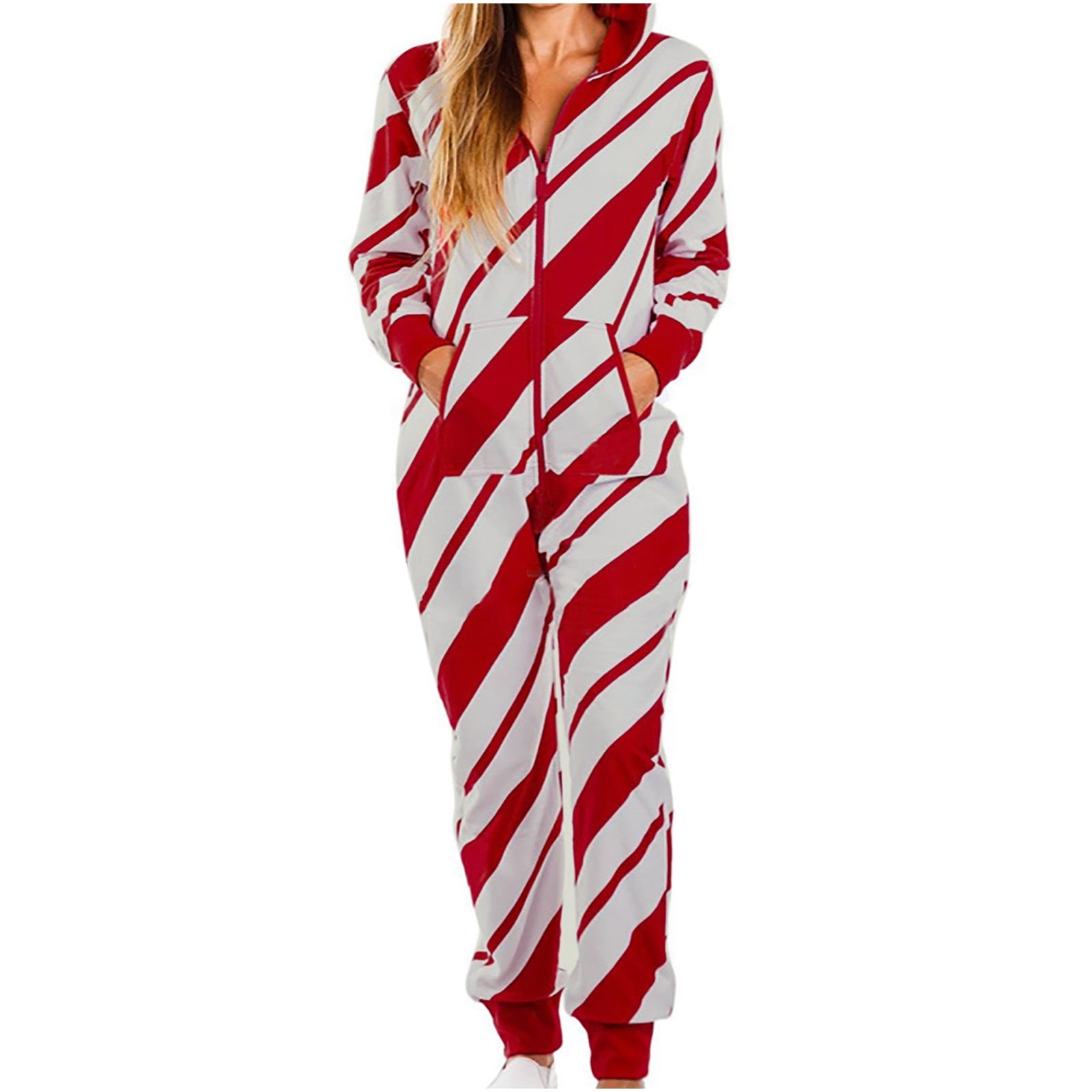 Meichang Womens Fleece Onesie Pajamas Warm Sherpa Jumpsuit Romper One Piece Zipper Hooded Sleepwear Striped Print Loungewear