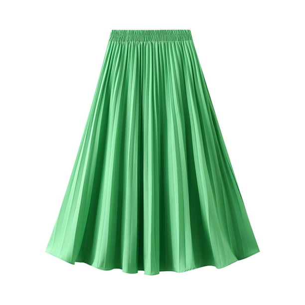 Gibobby faldas para niña Falda plisada para mujer Primavera y verano Cintura elástica Falda larga delgada Línea A(Verde, Talla única)