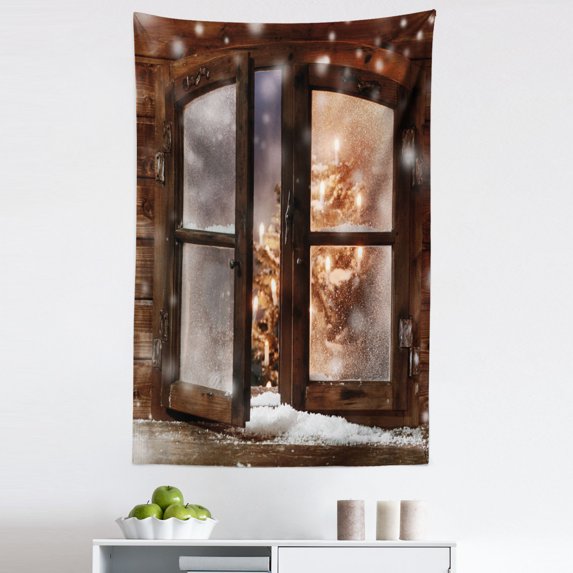 Winter Tapestry, Close up Snow on Vintage Wooden Christmas Window Pine Christmas Tree Inside Cabin, Fabric Wall Hanging Decor for Bedroom Living Room Dorm, 5 Sizes, Brown White, by Ambesonne