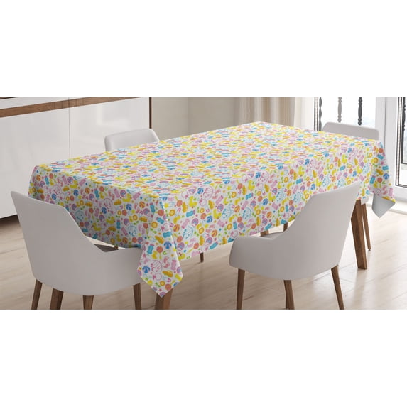 Cartoon Tablecloth, Assortment of Items Toys Footprints Milk Bottles Flower Arrangement Design, Rectangle Satin Table Cover Accent for Dining Room and Kitchen, 60" X 90", Multicolor, by Ambesonne