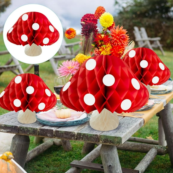 HONMEET Honeycomb Balls Party Decorations Mushroom Shape Red White Card Paper 1Pack