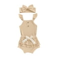 thumbnail image 2 of Musuos Baby Girl Summer Clothes 3M 6M 12M 18M Fly Sleeve Ribbed Romper and Elastic Ruffles Shorts Headband Set 3 Piece Outfits, 2 of 10
