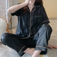 thumbnail image 2 of BLVB Women's Satin Silk Pajamas Set Short Sleeve Button down Shirt and Pants 2 Piece Outfits Sleepwear Pjs, 2 of 3
