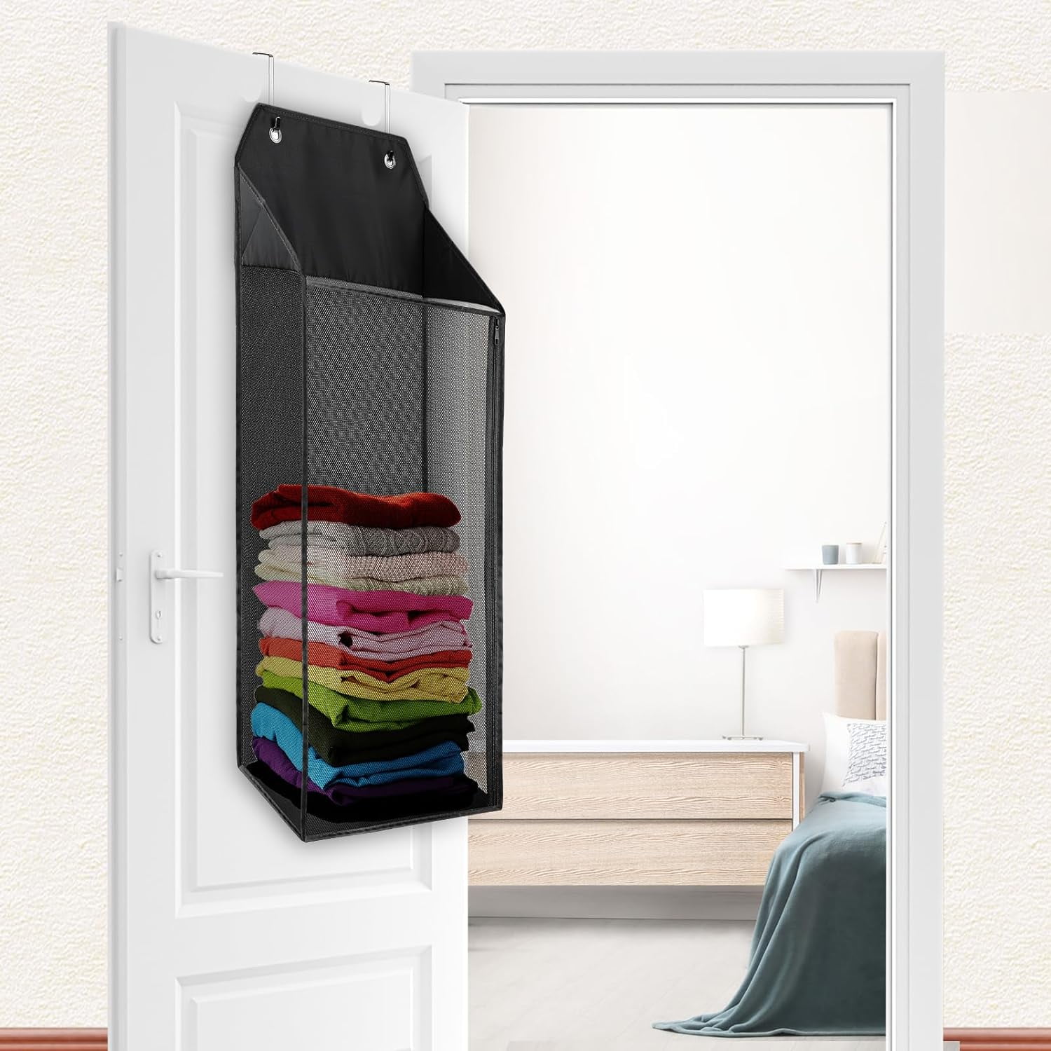 ABCISI 2 Packs Large Hanging Laundry Hamper with Hooks, Over the Door Mesh Hamper with Zipper for Dirty Clothes Organizer, Collapsible Wall Hanging Laundry Basket for Bathroom, Dormitory, Black