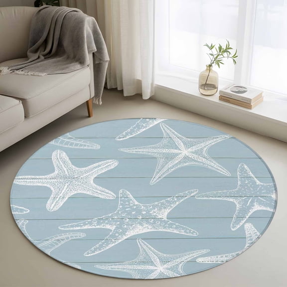 Blue White Starfish Round Area Rug 3Ft Washable Small Circle Rugs for Kitchen Entryway, Coastal Ocean Summer Sea Nautical Non-Slip Carpet Floor Mats Indoor Outdoor Carpet Runner Aesthetic Home Decor