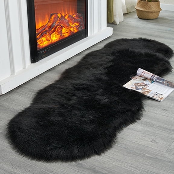 FUDAKUNA Fluffy Faux Sheepskin Black Rugs 24" x 36" Soft Shaggy Small Carpet Cushions Living Room Bedroom Floor Mats Washable