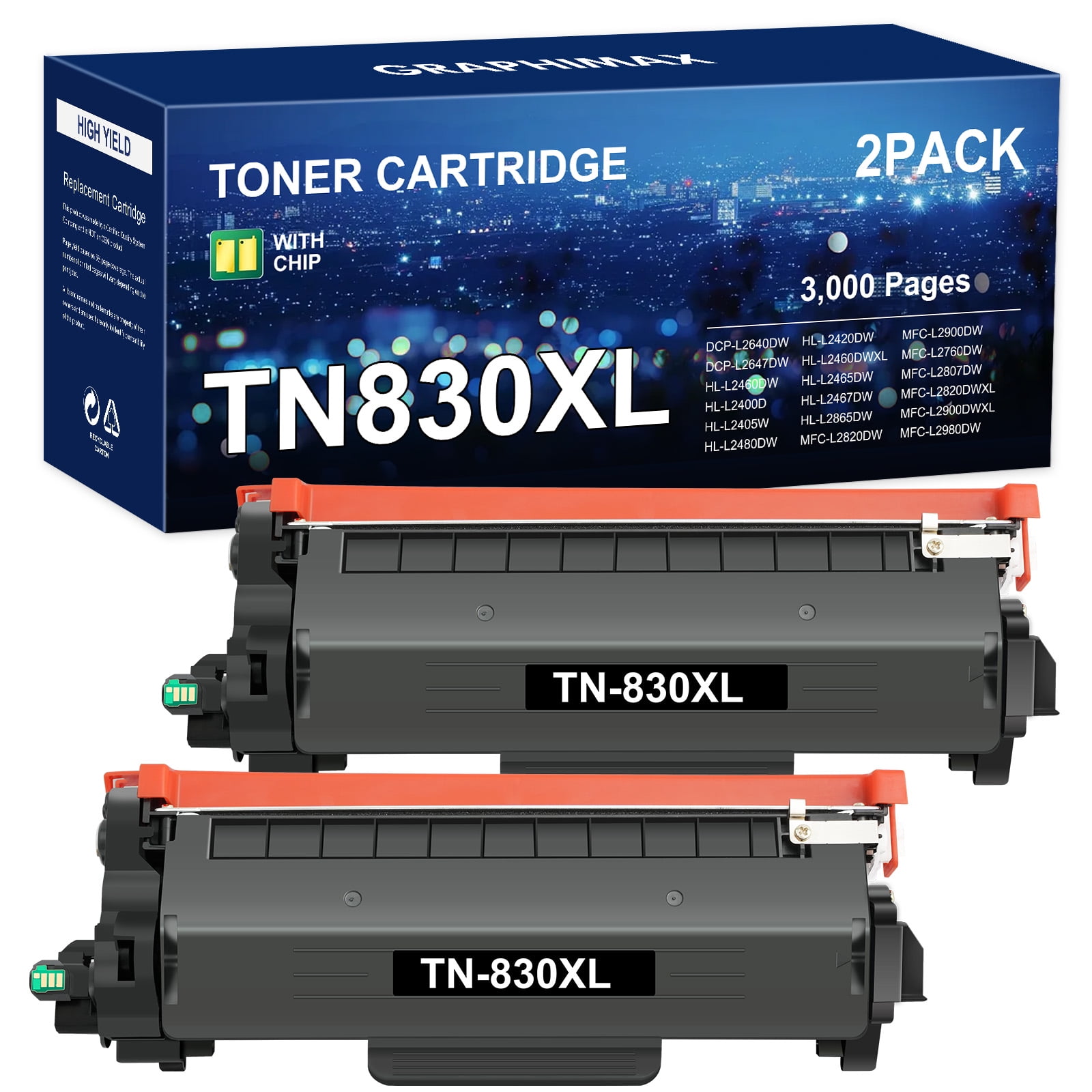 TN830XL Toner Cartridge Compatible for Brother TN830XL TN830 TN 830XL HL-L2460DW HL-L2405W DCP-L2640DW MFC-L2820DW HL-L2400D L2405W L2480DW MFC-L2820DWXL Printer High Yield Black 2-Pack
