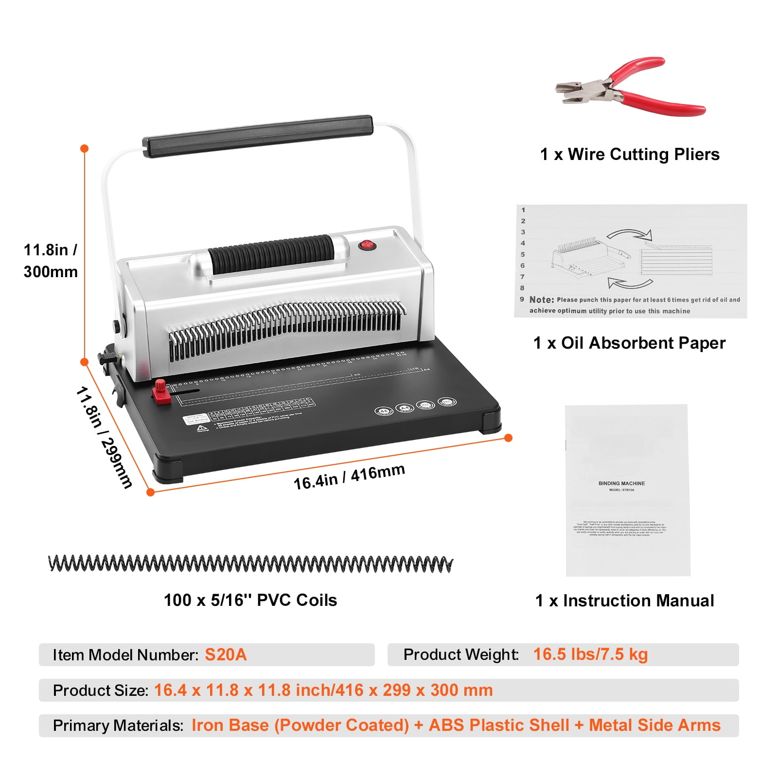 KFFKFF Spiral Coil Binding Device, Hand-Operated Book Creation Tool with Electrical Binding Feature, 46-Hole 500 Sheet Punch Binder, Includes 100pcs 5/16'' Coil Binding Spines