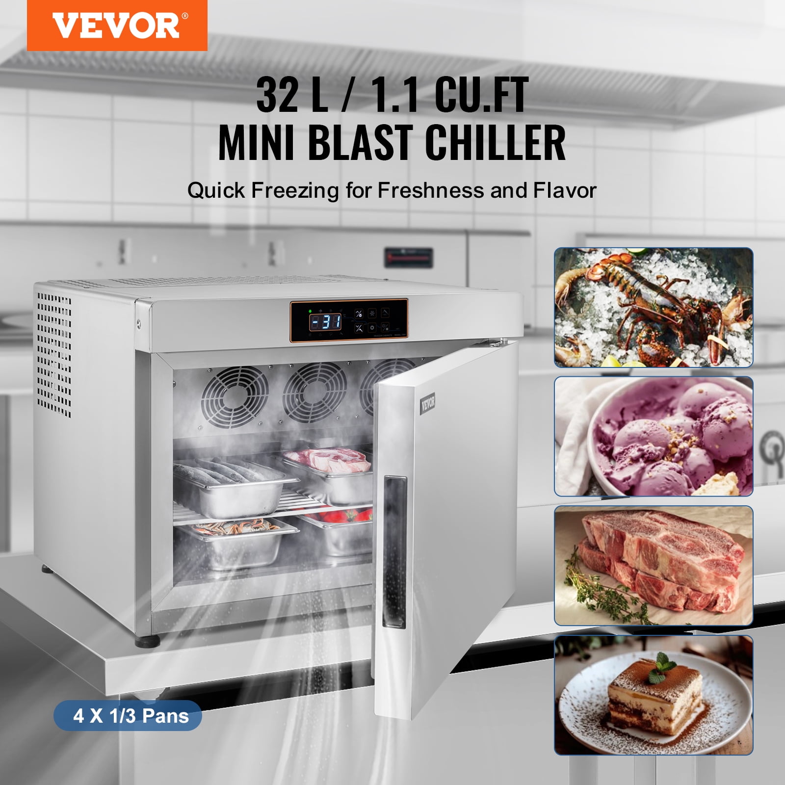 VEVOR Commercial Blast Freezer, 32 L / 1.1 Cu.ft Blast Chiller with 4 1/3 Trays, Blast Chiller Freezer Chest with Cooling & Freezing Modes, Stainless Steel Food Blast Freezer for Restaurant, Seafood