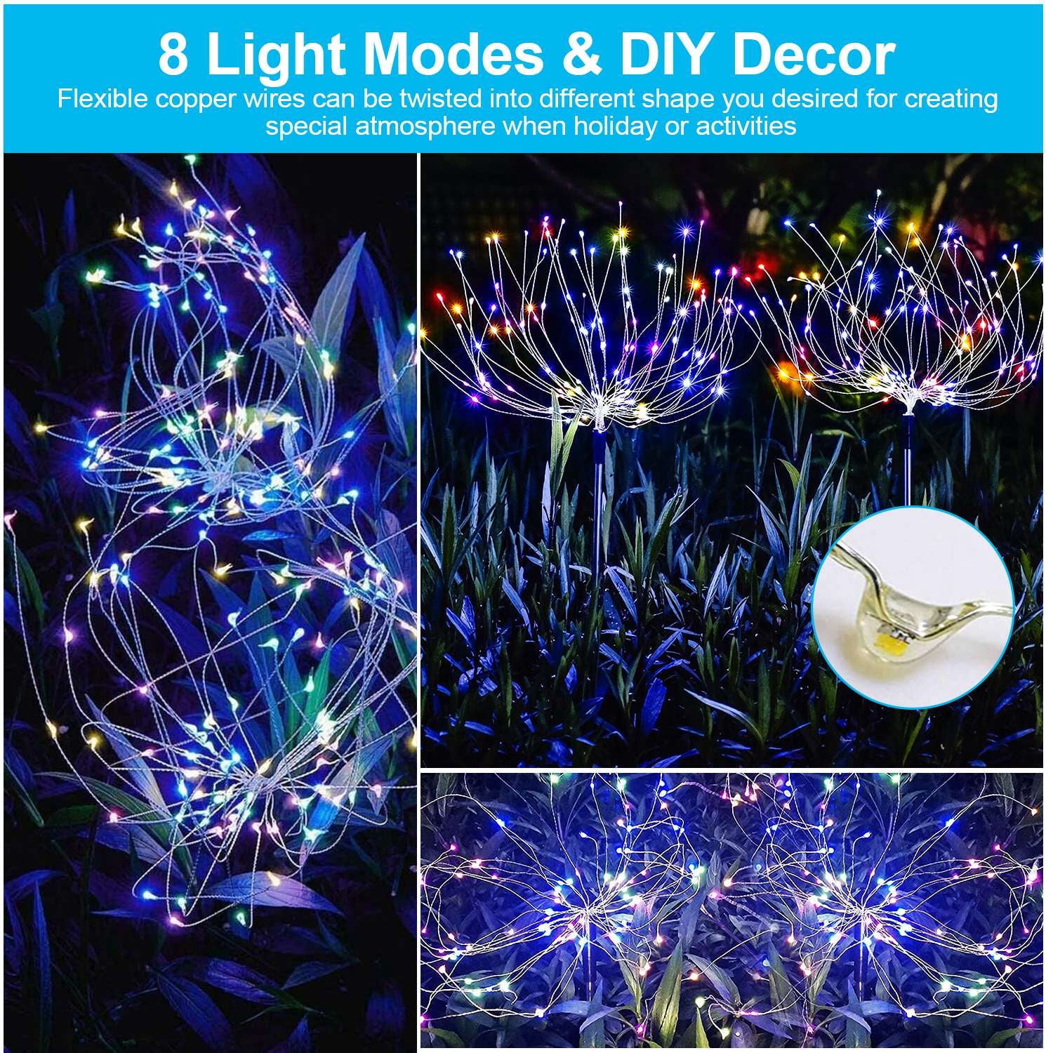 Solar Powered Starburst Stake Fairy Lights,  240 LED Solar Powered Firework Lamp for Lawn Garden Outdoor Wedding Decor, 2/4pack