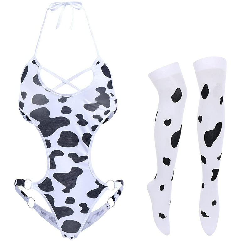 Womens Sexy Milk Cow Cosplay Lingerie Set: Halter Bra, Panties