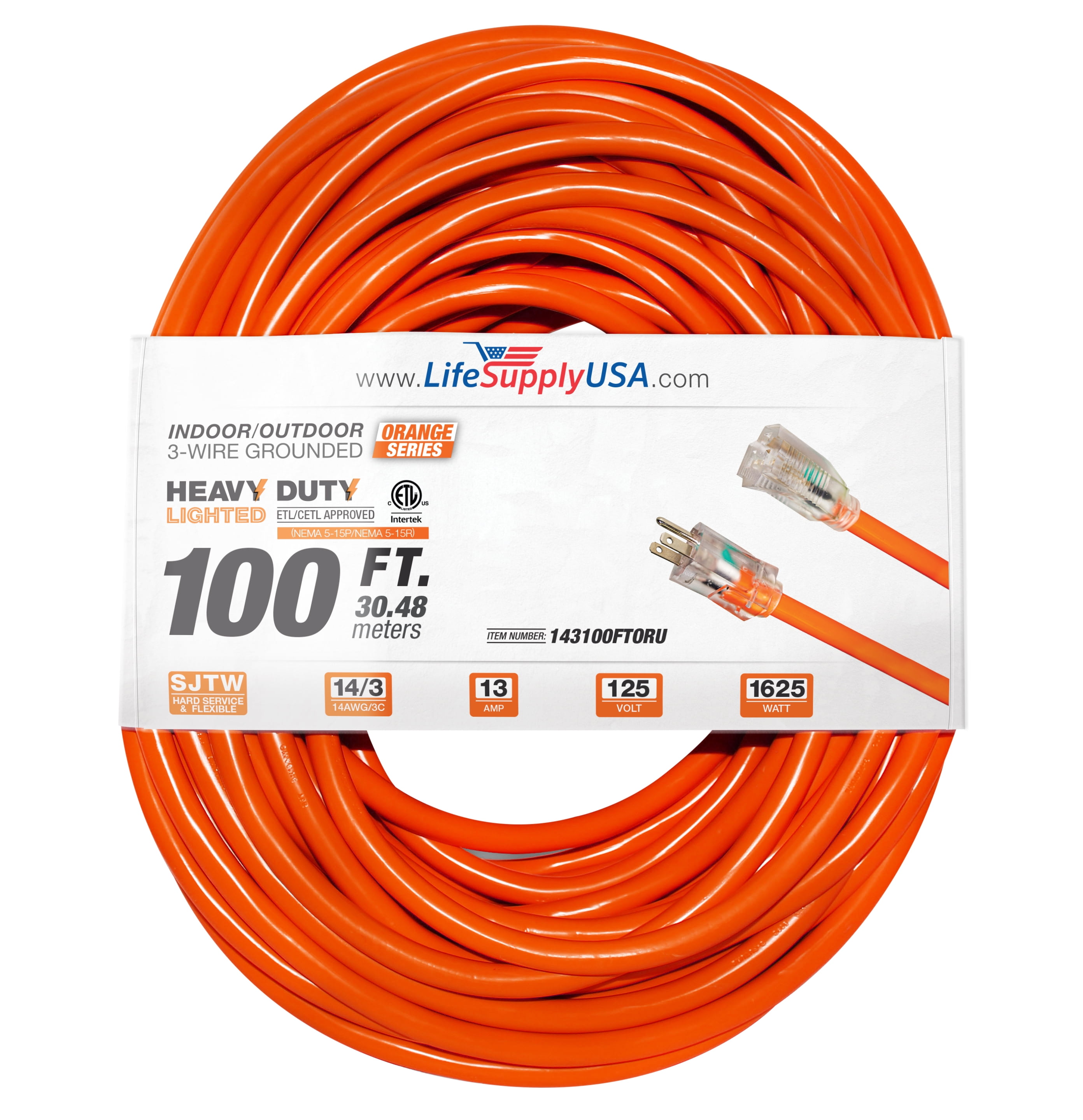 2-pack) 100 ft Power Extension Cord Outdoor  Indoor Heavy Duty 14 gauge/3  prong SJTW (Orange) Lighted end Extra Durability 13 AMP 125 Volts 1625  Watts ETL listed by LifeSupplyUSA