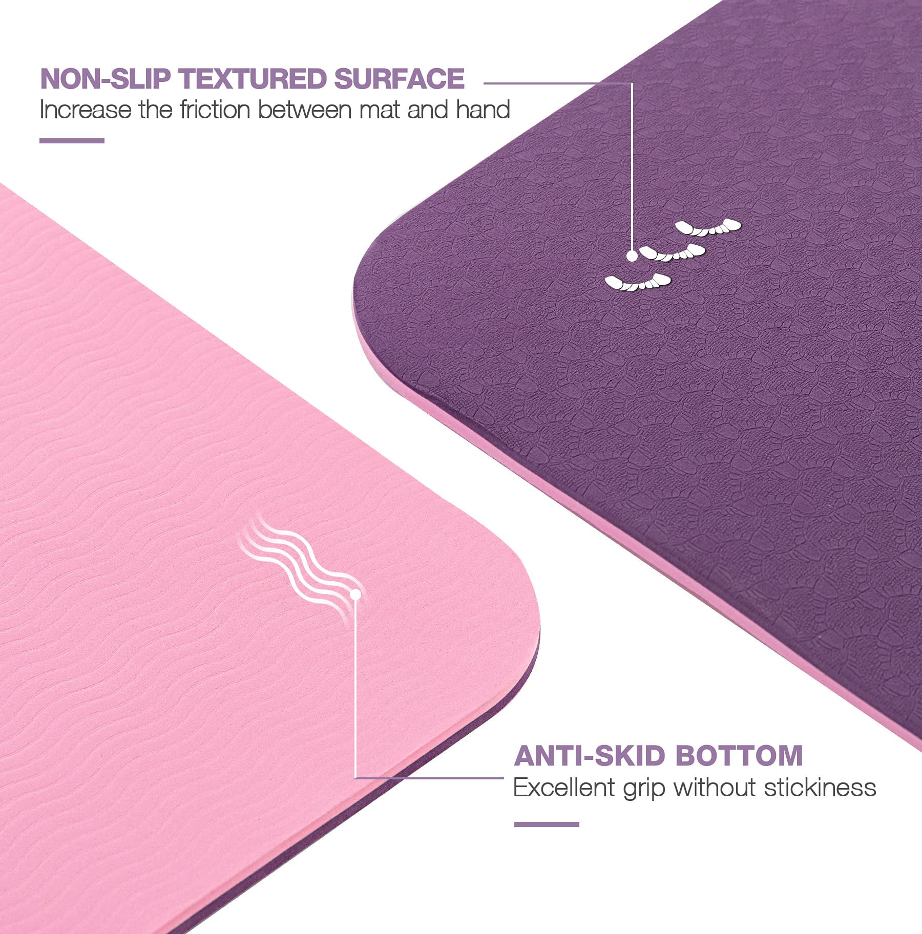 Large Yoga Mat for Men and Women 1/4 Inch Extra Thick All-Purpose TPE Fitness Mat, Non-Slip and Eco Friendly Exercise Mat for Yoga, Pilates, Stretching, Dark purple and Pink