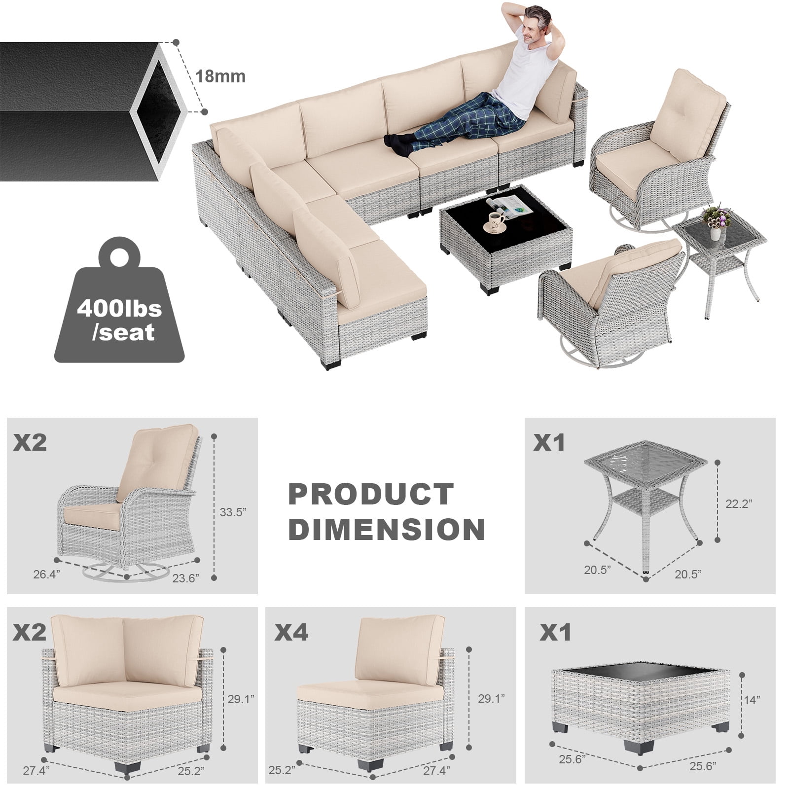 10-Piece Patio Furniture Set, Outdoor Patio Furniture with Swivel Chairs Set, Thick Cushions, Modular Patio Sofa, Dual-Strand Wicker Rattan, Rust-Resistant Frame, Khaki