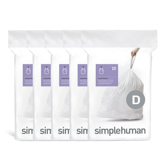 simplehuman Code D Custom Fit Drawstring Trash Bags in Dispenser Packs, 100 Count, 20 Liter / 5.3 Gallon, White