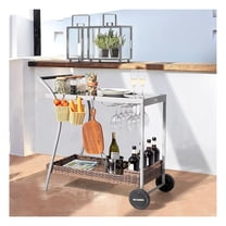 Outdoor Bar Table with Rolling Wheels, Outdoor Bar Cart Patio Wicker Bar Counter Table with 2 Steel Shelves and 2 Sets of Rails, Ideal for Garden, Backyard and Pool Side, Gray