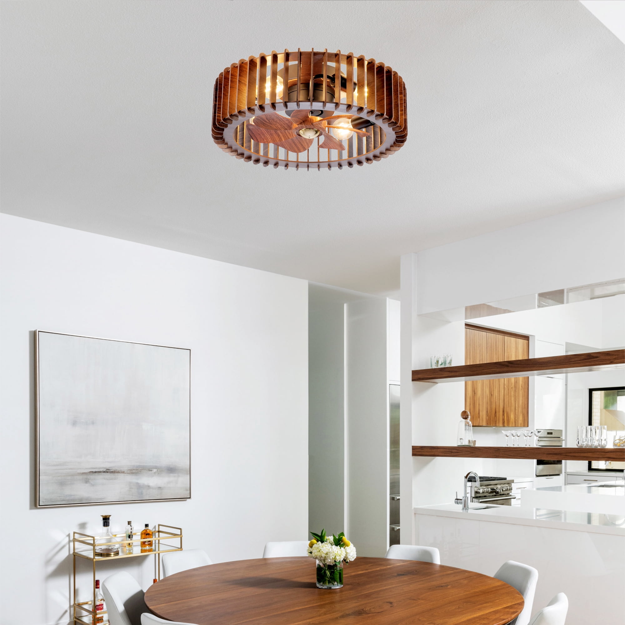 20" Modern Flush Mount Fan Light,Ceiling Fans with Lights and Remote Control, 6 Speeds, Quiet DC Motor For Living Room, Bedroom, Kitchen, Wood (No Included Bulbs)
